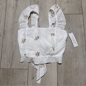 New! Cottagecore Tie Back White Bow Eyelet Floral Summer Boho Top Size Medium